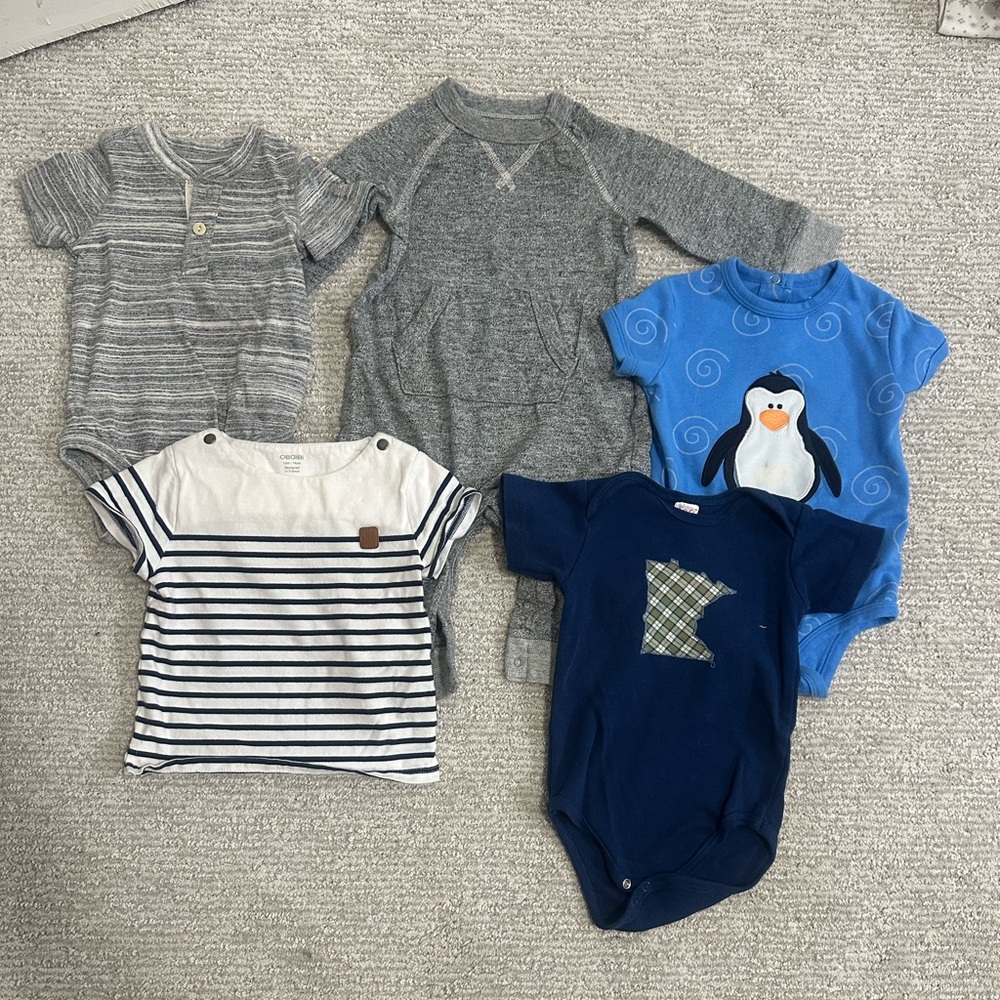 Assorted like-new 6-12 month onesies, tee shirt & one-piece